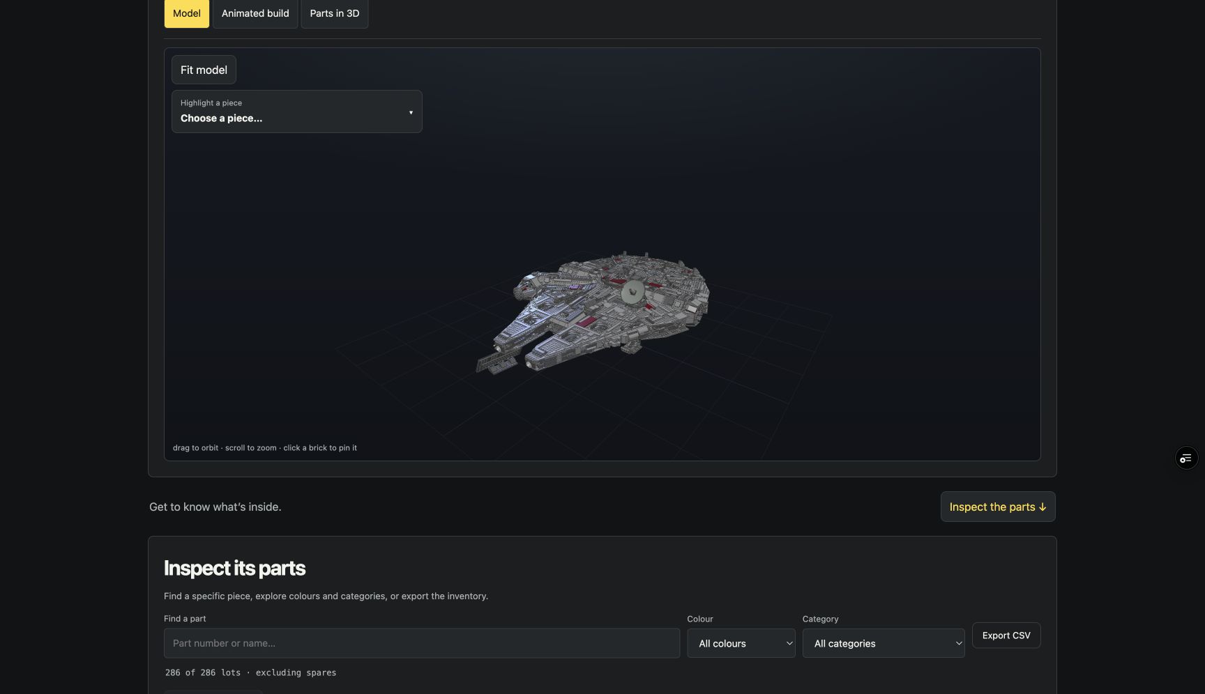 Brick Explorer displaying the Millennium Falcon model and model controls