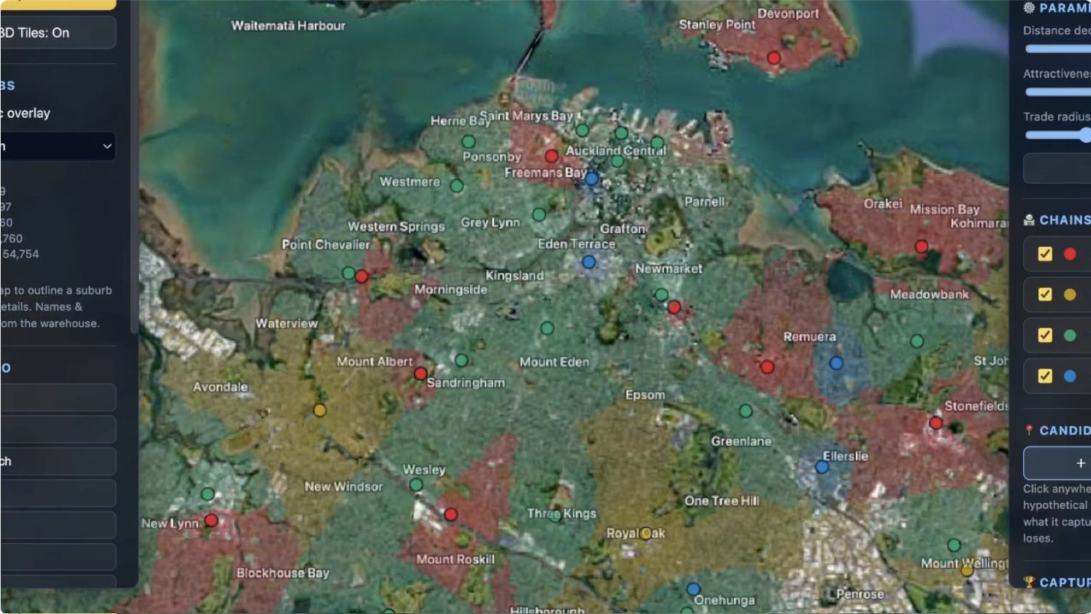 Huff model video still showing supermarket markers and coloured catchment areas across central Auckland