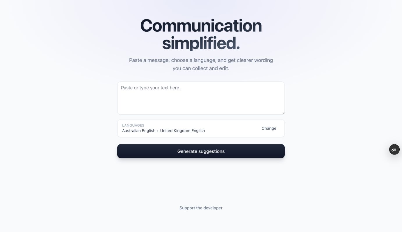 LexiLabs message editor and language selection interface with an empty input