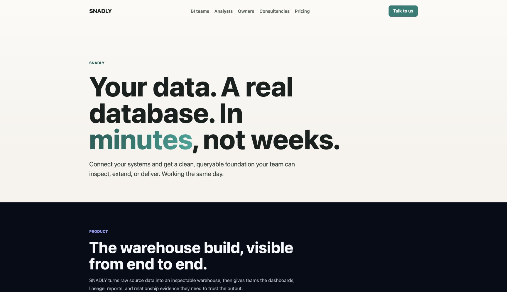Snadly public landing page introducing its AI-assisted data warehouse platform
